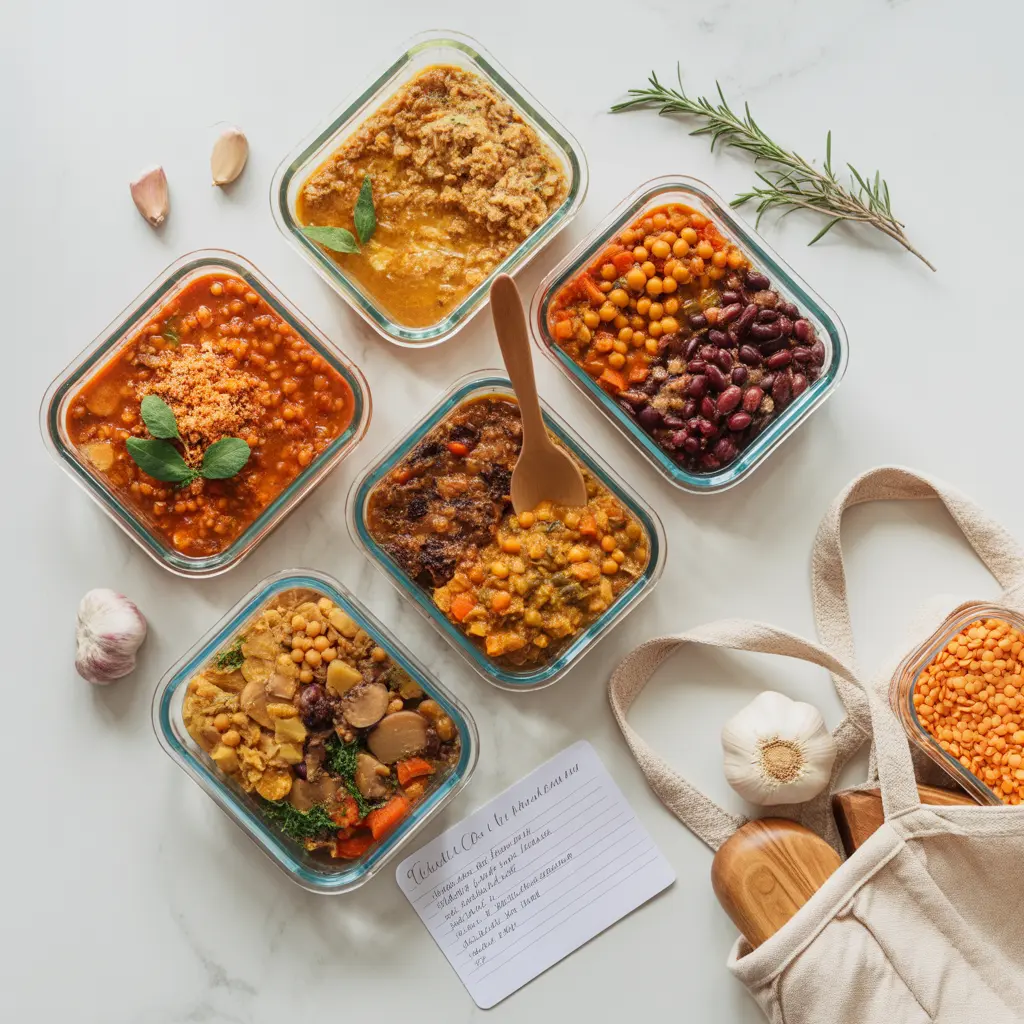 vegan-freezer-meals-beginner-glass-containers-five-recipes vegan freezer meals beginner - five glass meal prep containers filled with red lentil soup chickpea curry black bean chili shepherd's pie filling and vegetable stew on white counter