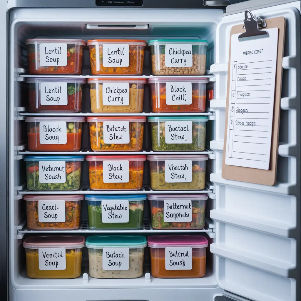 vegan-freezer-meals-beginner-organized-labeled-containers-soups-curries vegan freezer meals beginner - organized freezer filled with labeled containers of vegan soups curries stews and chili for easy weekly meal prep