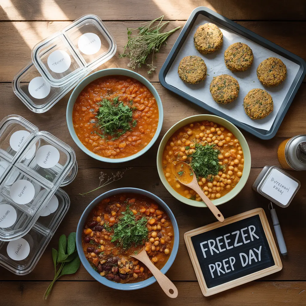 vegan-freezer-meals-beginner-prep-session-bowls-containers-recipes vegan freezer meals beginner - meal prep session showing bowls of red lentil soup chickpea curry black bean chili and veggie burgers with containers and labels on wooden table