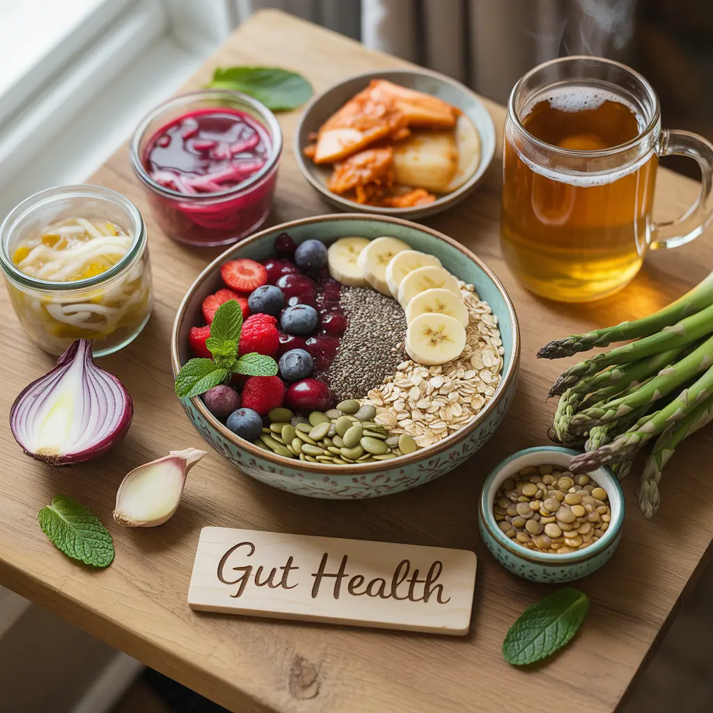 "Nurturing flat lay with bowl of berries, banana, oats, chia seeds surrounded by sauerkraut, kimchi, kombucha, garlic, onion, asparagus, lentils and Gut Health sign representing vegan gut health."
