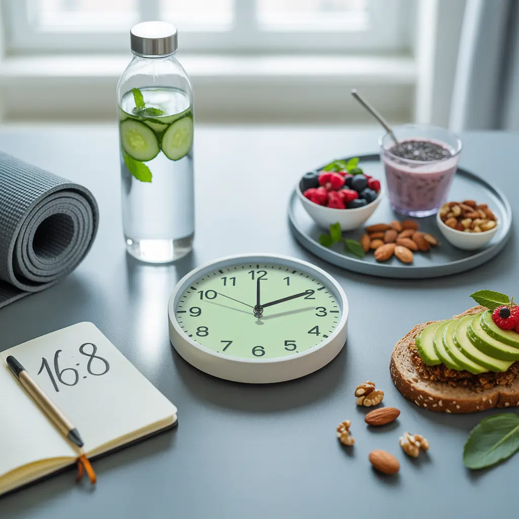 "Clean flat lay with white clock showing 16:8 format, water bottle with cucumber, nutrient-dense vegan foods including avocado toast, berries, nuts, and smoothie bowl representing vegan intermittent fasting lifestyle."