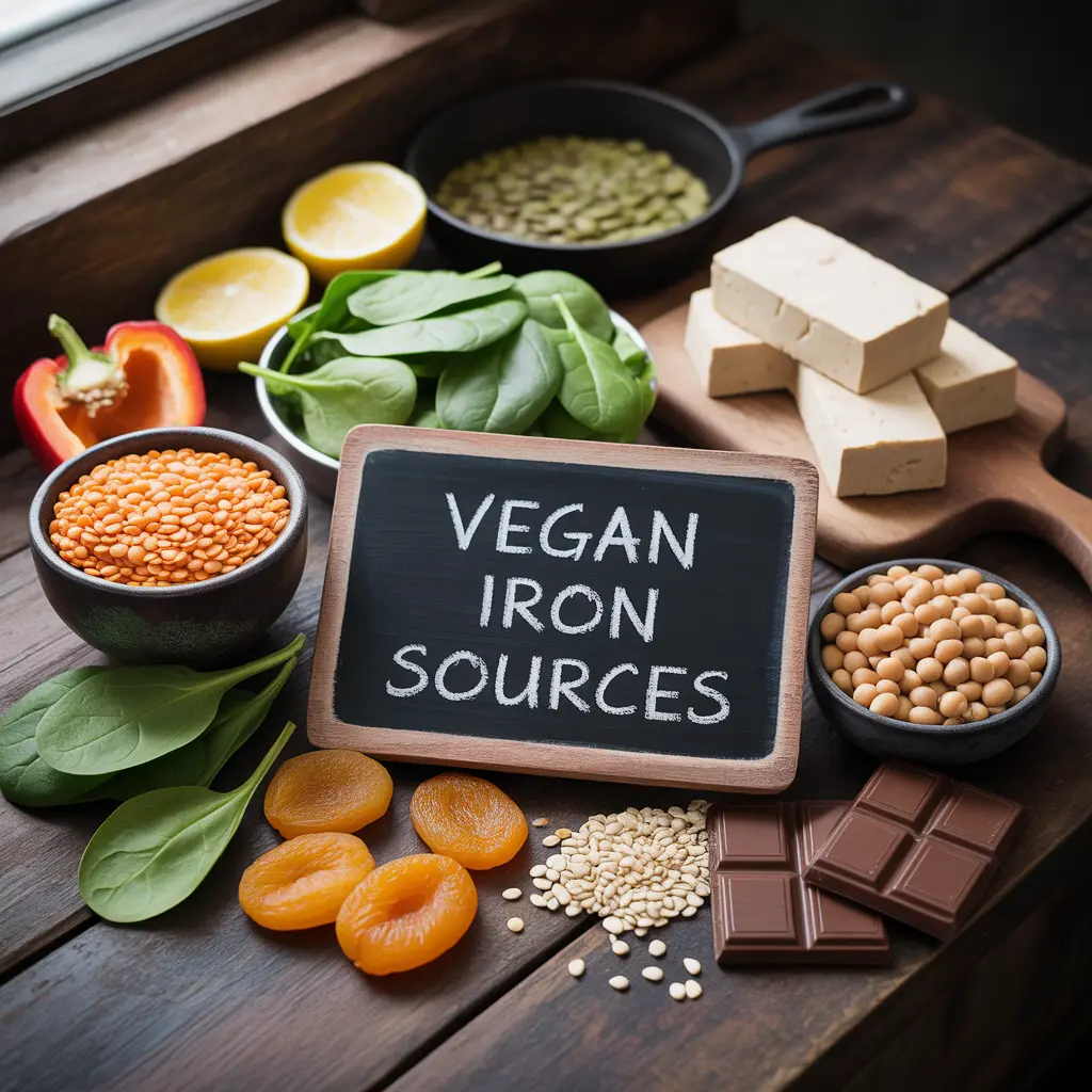 "Rich flat lay of vegan iron sources including lentils, spinach, pumpkin seeds, tofu, chickpeas, quinoa, apricots, sesame seeds, and dark chocolate with Vegan Iron Sources chalkboard sign and lemon for vitamin C pairing."