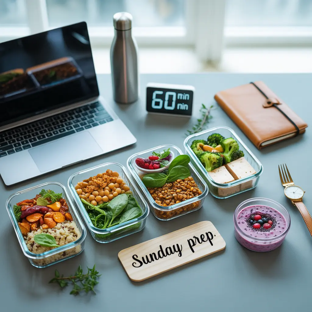 vegan-meal-prep-busy-professionals-guide-featured "Clean flat lay with five glass meal prep containers of quinoa, vegetables, chickpeas, lentils, tofu, chia pudding, timer showing 60 min, laptop, watch, and Sunday Prep sign representing vegan meal prep for busy professionals."