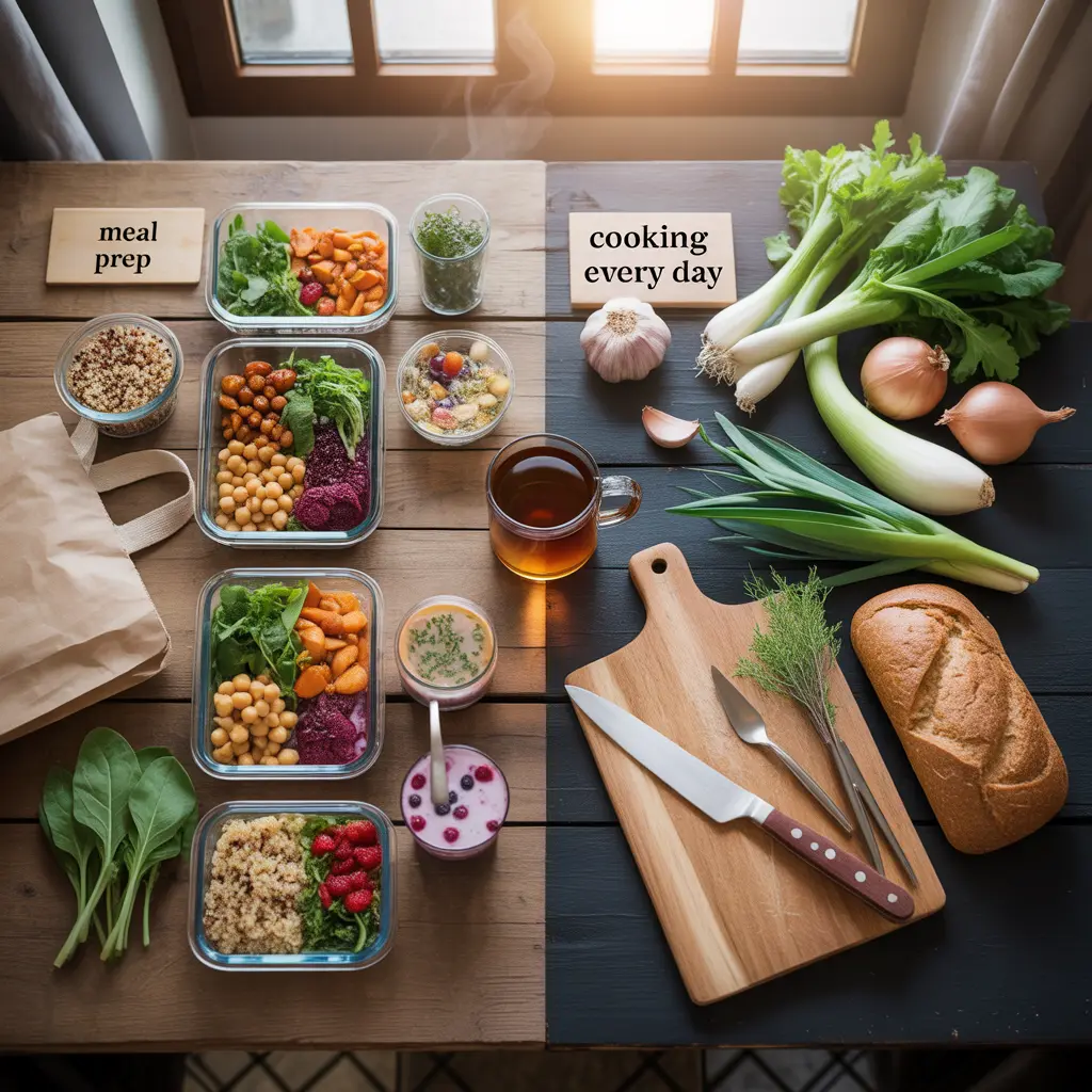 "Split flat lay comparing vegan meal prep vs cooking every day with meal prep side showing glass containers of prepared quinoa, roasted vegetables, and chia pudding against cooking every day side showing fresh whole ingredients and wooden cutting board."