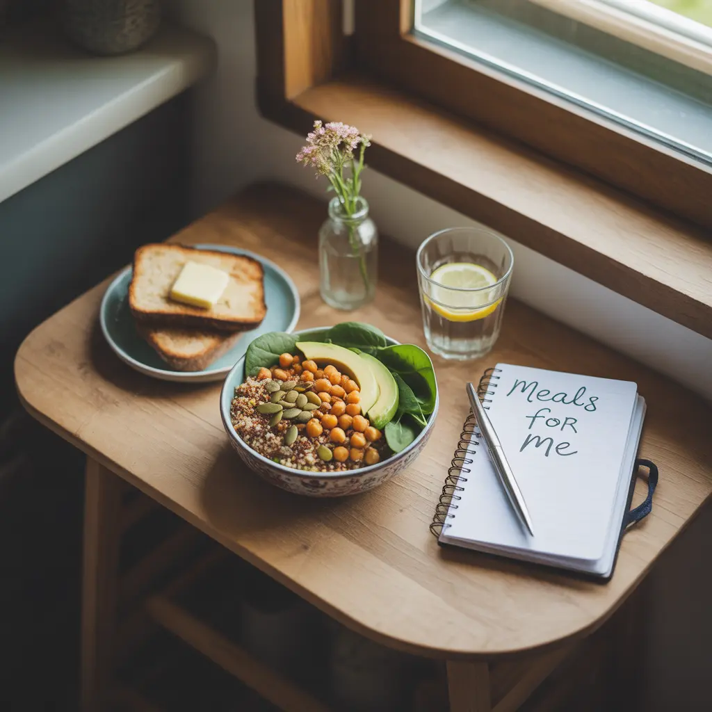 "Cozy flat lay of single-serving vegan meal with quinoa bowl, roasted chickpeas, avocado, toast, and Meals for Me notebook representing vegan meals for one cooking guide."