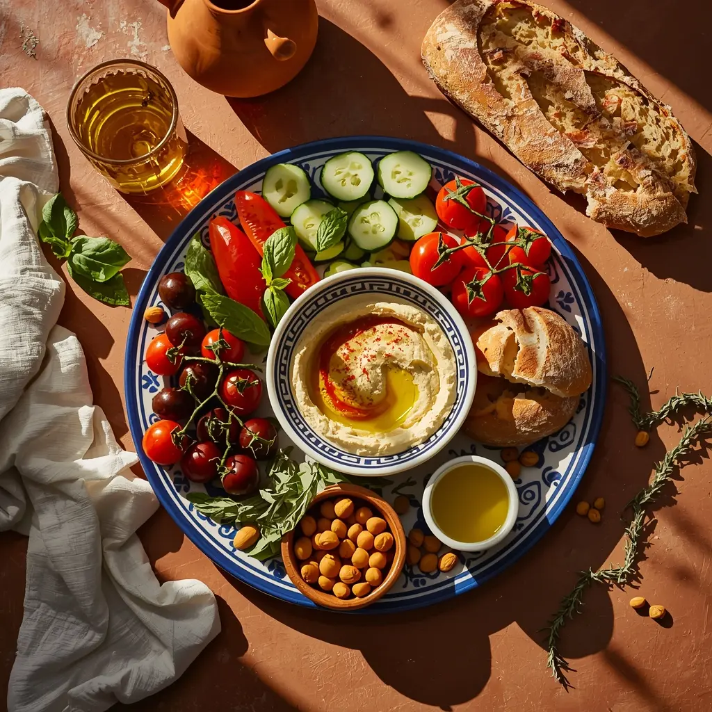 vegan-mediterranean-diet-abundant-feast-guide "Stunning flat lay on terracotta with rustic platter of creamy hummus, glistening cherry tomatoes, cucumber, Kalamata olives, fresh herbs, golden olive oil, crusty bread, chickpeas, almonds, and lemon water representing vegan Mediterranean diet.