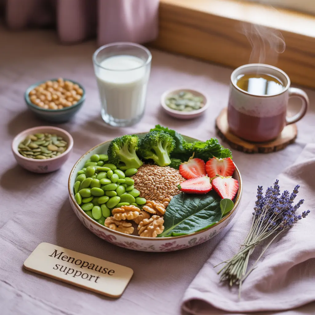 "Calming flat lay on lavender linen with bowl of edamame, broccoli, flaxseeds, walnuts, kale, strawberries surrounded by chickpeas, plant milk, pumpkin seeds, sage tea and Menopause Support sign representing vegan menopause nutrition."