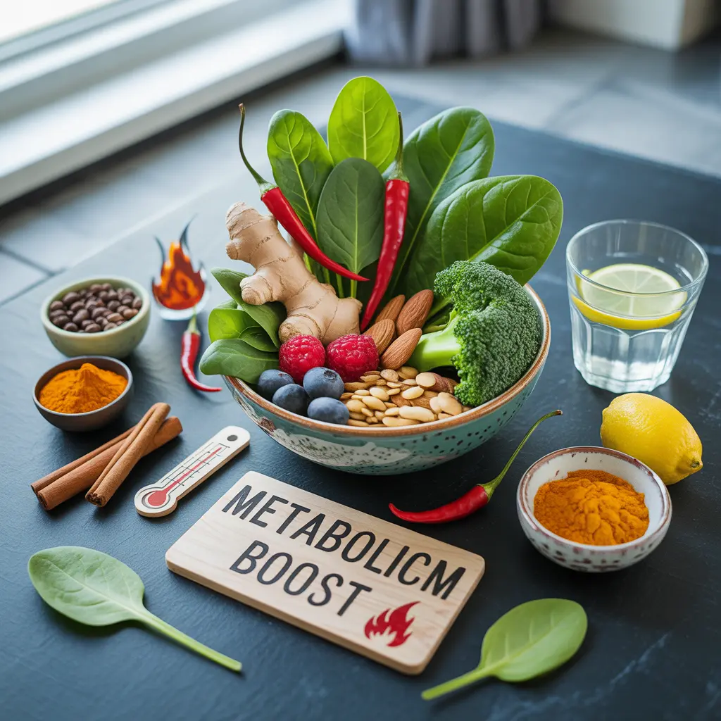 "Energetic flat lay with bowl of green tea, chili, ginger, spinach, broccoli, berries, almonds, lentils surrounded by coffee, cinnamon, cayenne, turmeric, vinegar, lemon water and Metabolism Boost sign representing vegan metabolism."