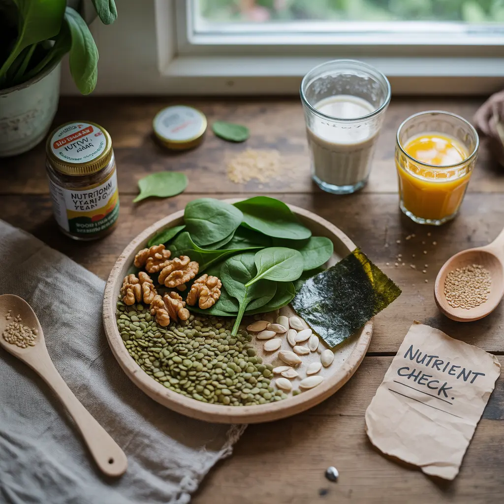 vegan-nutrient-deficiencies-prevention-natural-guide "Natural flat lay on wooden table with bowl of lentils, walnuts, spinach, pumpkin seeds, seaweed, plant milk surrounded by nutritional yeast, orange juice, sesame seeds, handwritten note and wooden spoon representing vegan nutrient deficiencies prevention."