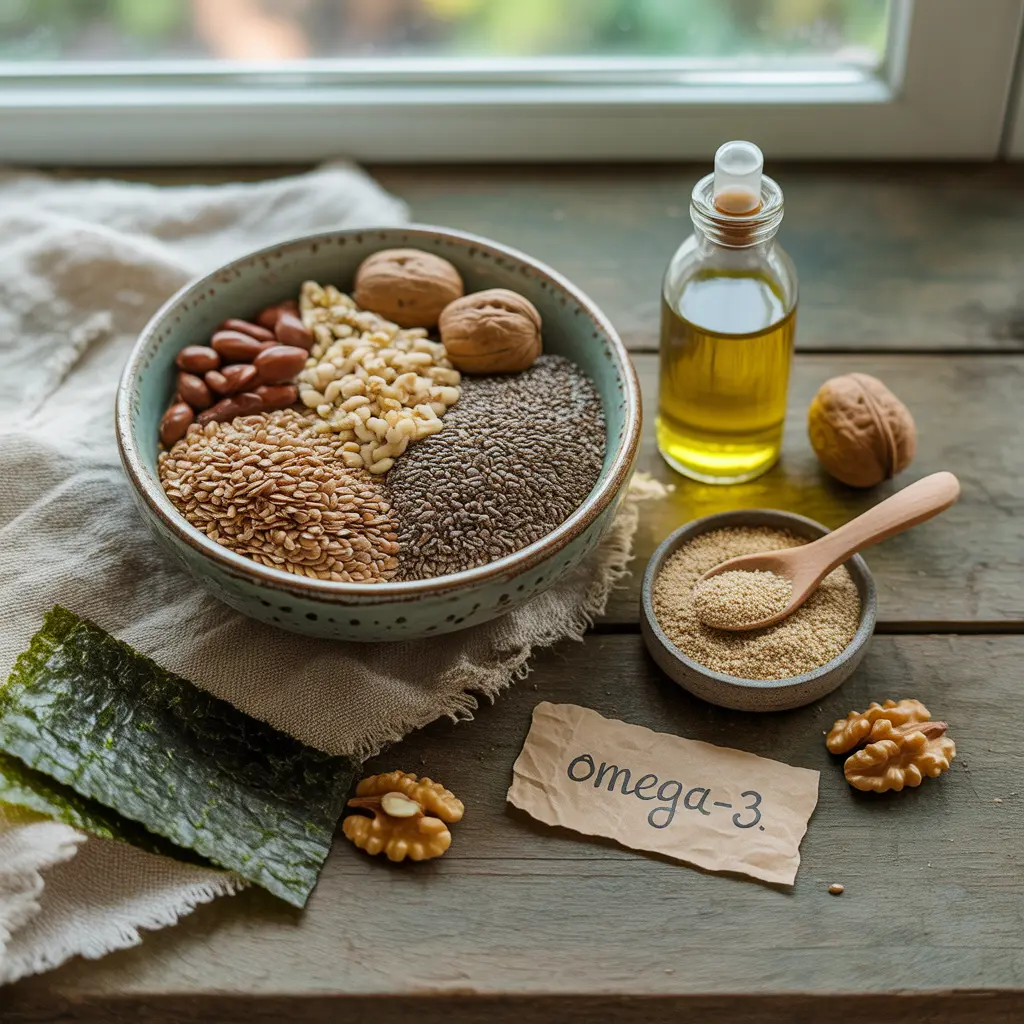 "Natural flat lay on wooden table with rustic bowl of flaxseeds, chia seeds, hemp seeds, walnuts, nori, bottle of algae oil, ground flax, and handwritten Omega-3 tag representing vegan omega-3 sources."