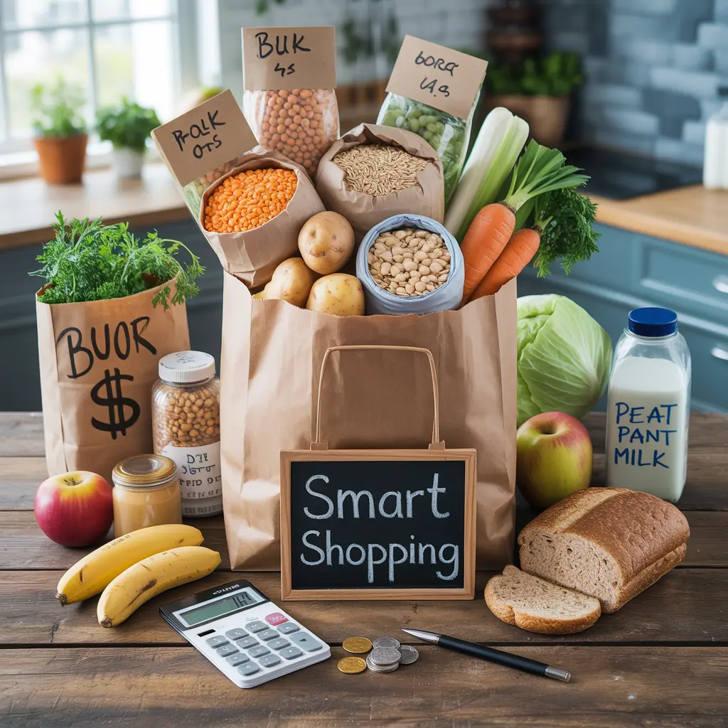 "Practical flat lay with brown paper bag of lentils, chickpeas, rice, oats, potatoes surrounded by bulk items, vegetables, bananas, bread, peanut butter, plant milk, calculator, and Smart Shopping sign representing vegan on a budget."