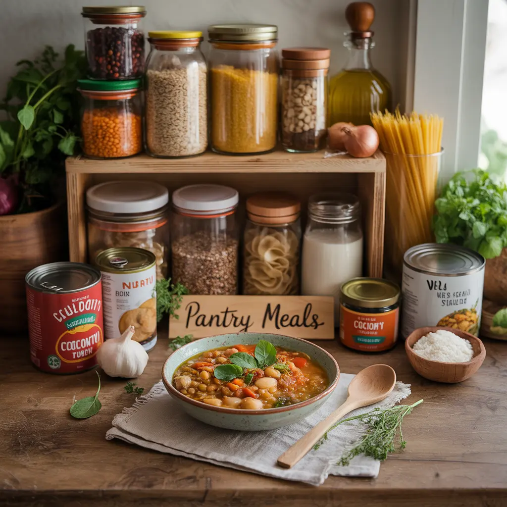vegan-pantry-meals-staples-guide-featured "Warm flat lay with glass jars of lentils, chickpeas, quinoa, oats, rice, bowl of lentil soup, cans, garlic, onions, olive oil and Pantry Meals sign representing vegan pantry meals."