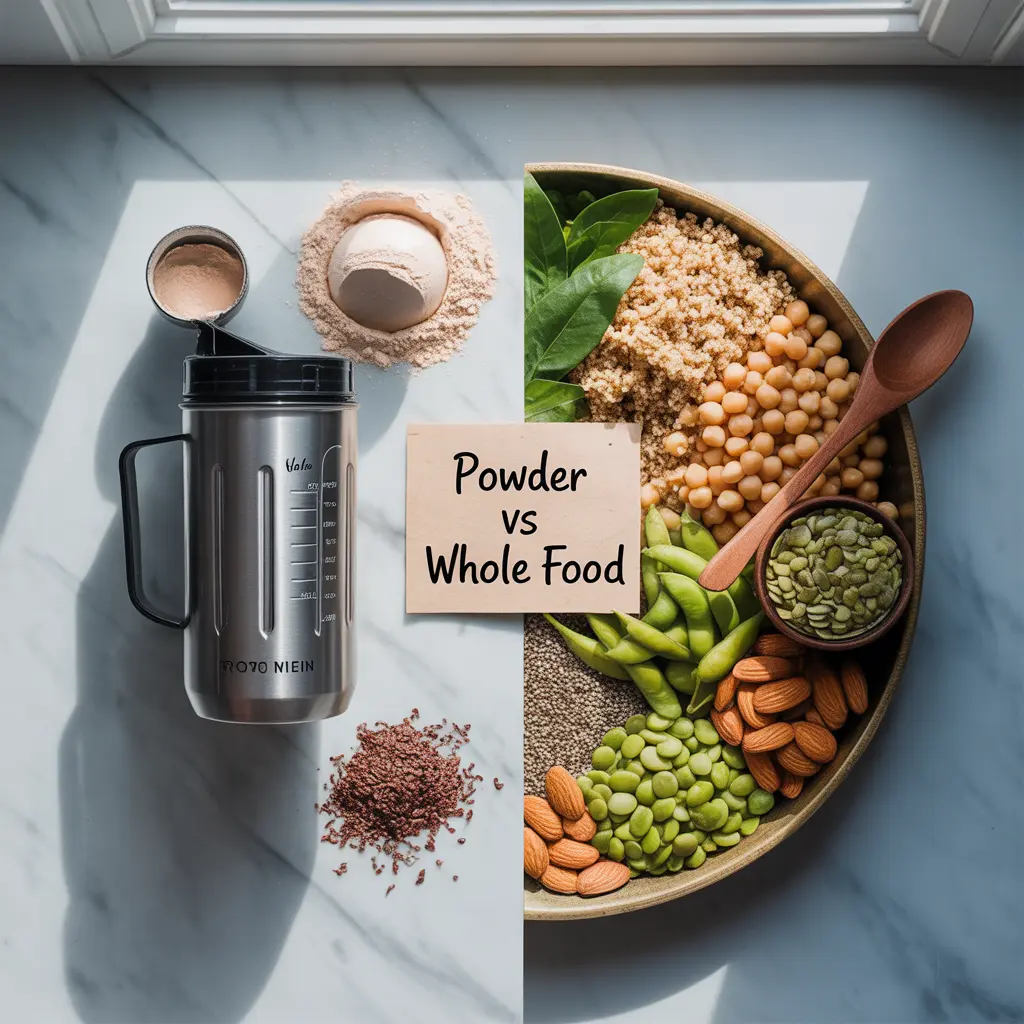 vegan-protein-powder-vs-whole-food-protein-comparison "Split flat lay comparing vegan protein powder vs whole food protein with blender bottle and powder on the left and bowl of quinoa, chickpeas, seeds, and nuts on the right."