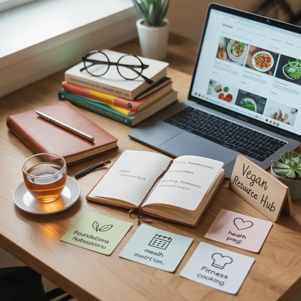 vegan-resource-hub-guide-featured-image "Warm flat lay on wooden desk with laptop, notebook, tea, books, plant, and resource cards with category icons representing vegan resource hub for plant-based eating.