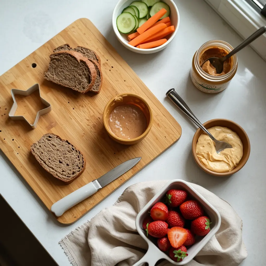 vegan-school-lunches-family-prep-station-guide "Warm flat lay on kitchen counter with cutting board, sunflower seed butter, star cookie cutter, veggie sticks, hummus, berries, reusable containers, and child's hand preparing food representing vegan school lunches family prep."