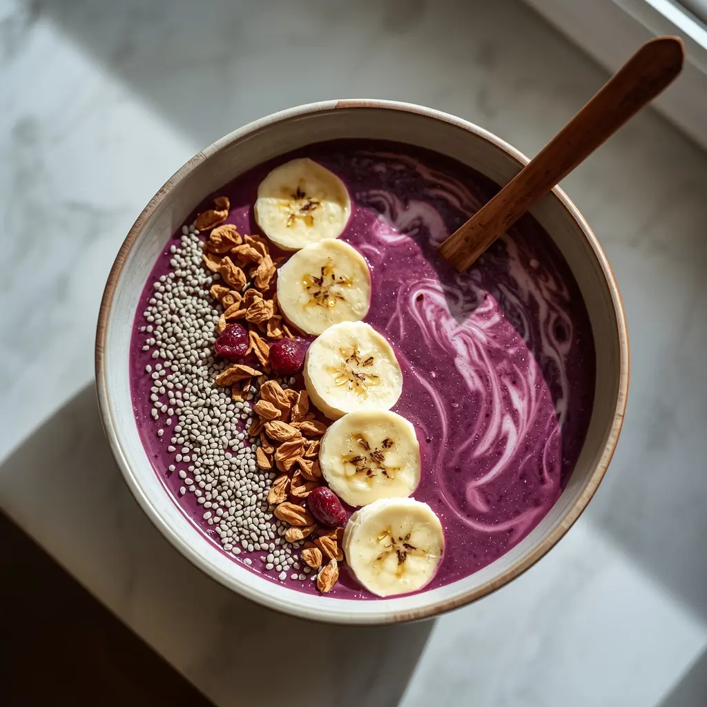 Close-up of a creamy purple acai smoothie bowl topped with chia seeds, hemp hearts, goji berries, banana slices, and coconut flakes, highlighting nutrient-dense vegan foods that fight fatigue.