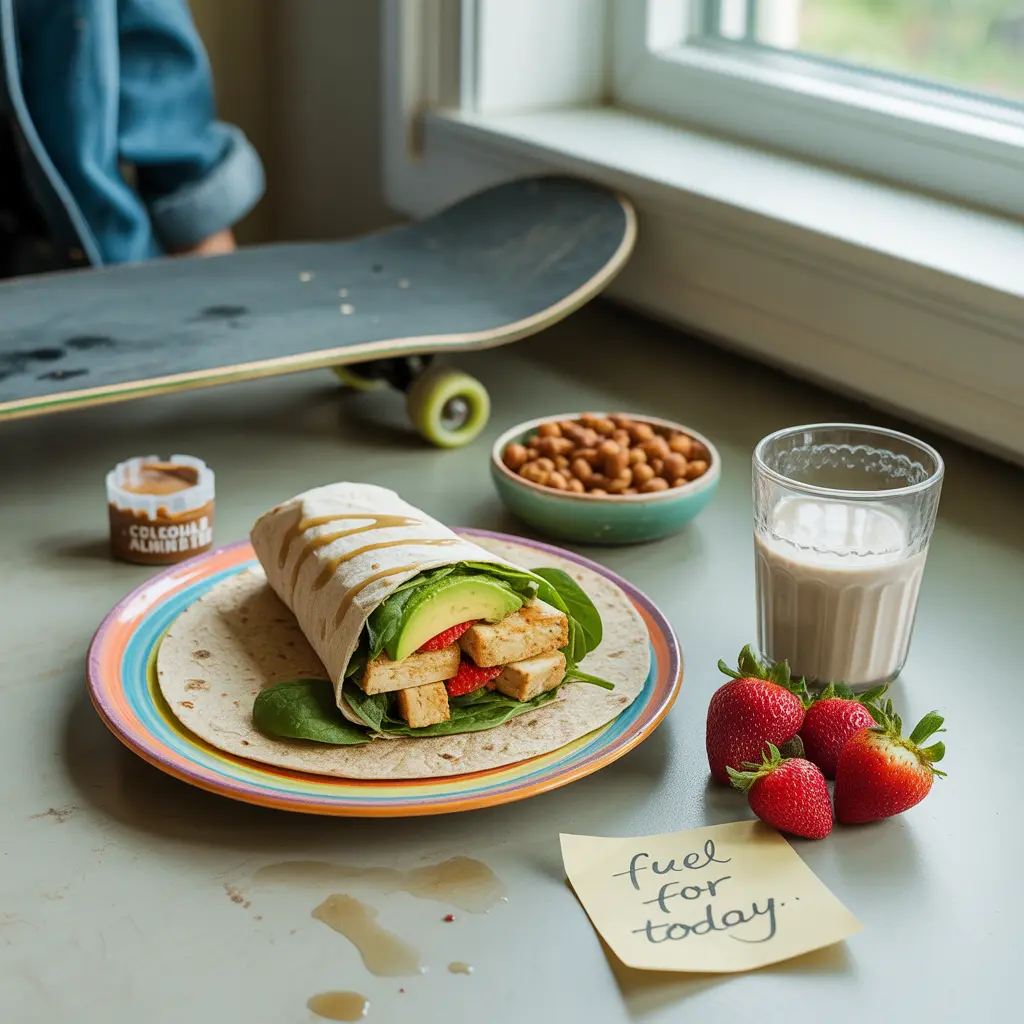 vegan-teen-nutrition-realistic-guide-featured "Natural flat lay on kitchen table with tofu wrap, roasted chickpeas, strawberries, chocolate almond butter, oat milk, skateboard visible, and fuel for today note representing vegan teen nutrition."