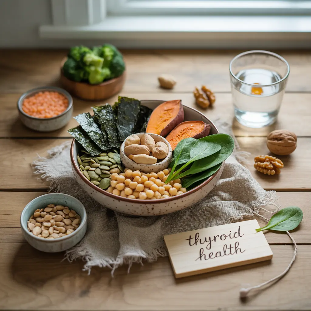 vegan-thyroid-support-foods-guide-featured "Natural flat lay with bowl of nori seaweed, brazil nuts, pumpkin seeds, chickpeas, spinach, sweet potato surrounded by broccoli, lentils, walnuts, and Thyroid Health sign representing vegan thyroid nutrition."