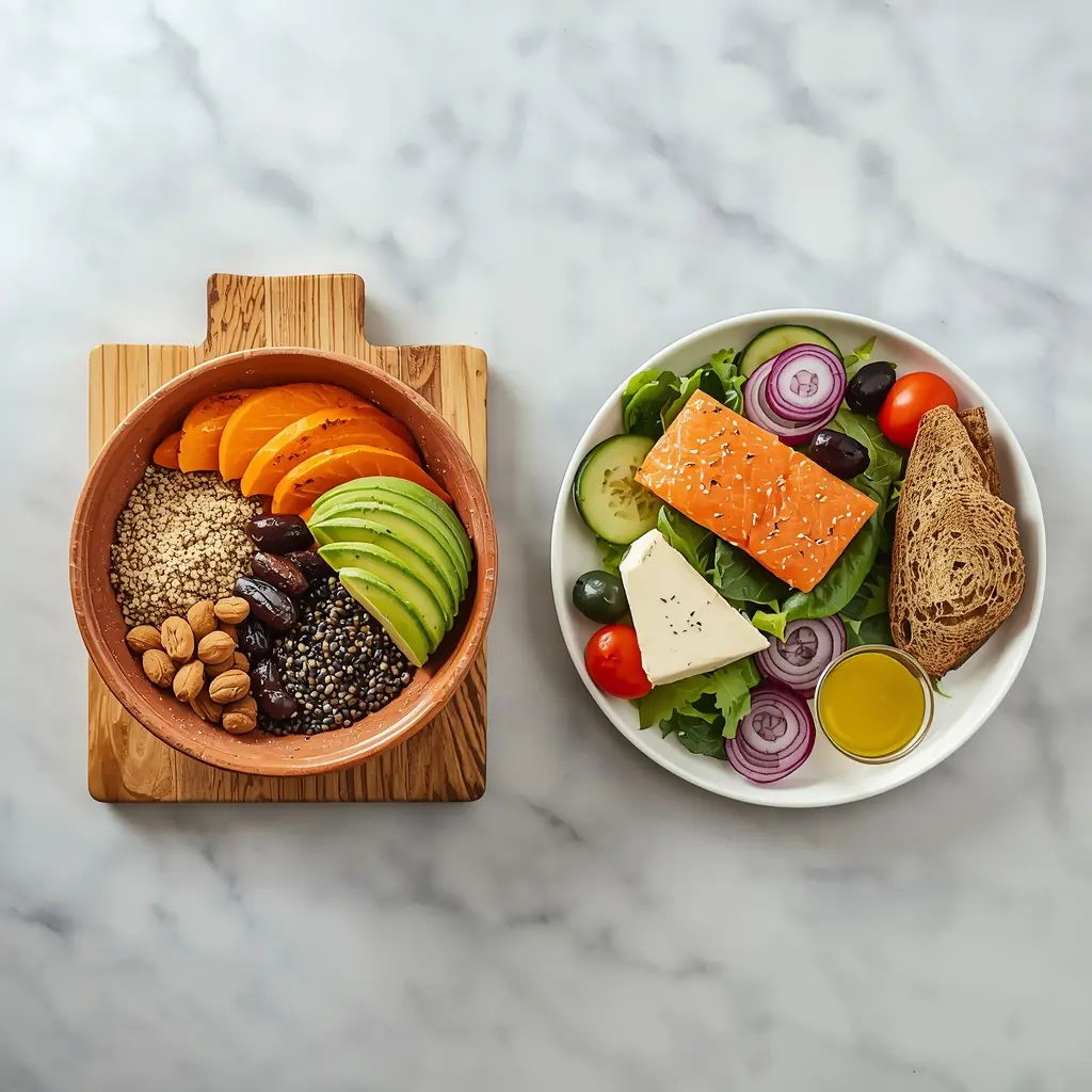 vegan-vs-mediterranean-diet-comparison-bowl-plate vegan vs mediterranean diet comparison - colorful vegan bowl next to mediterranean plate with fish vegetables and olive oil on marble surface