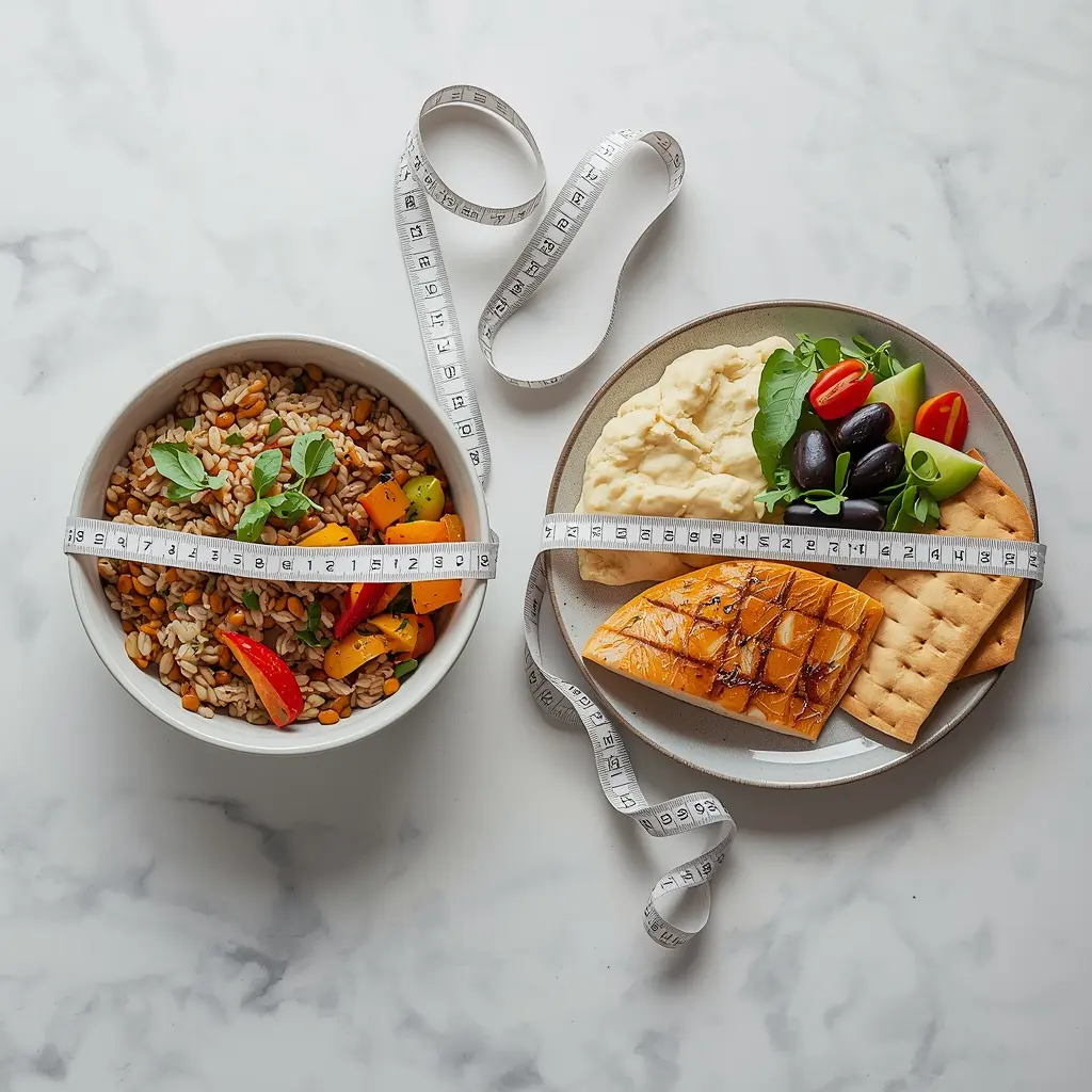 vegan-vs-mediterranean-diet-weight-loss-comparison "vegan vs mediterranean diet weight loss comparison - vegan grain bowl and mediterranean plate with measured portions"