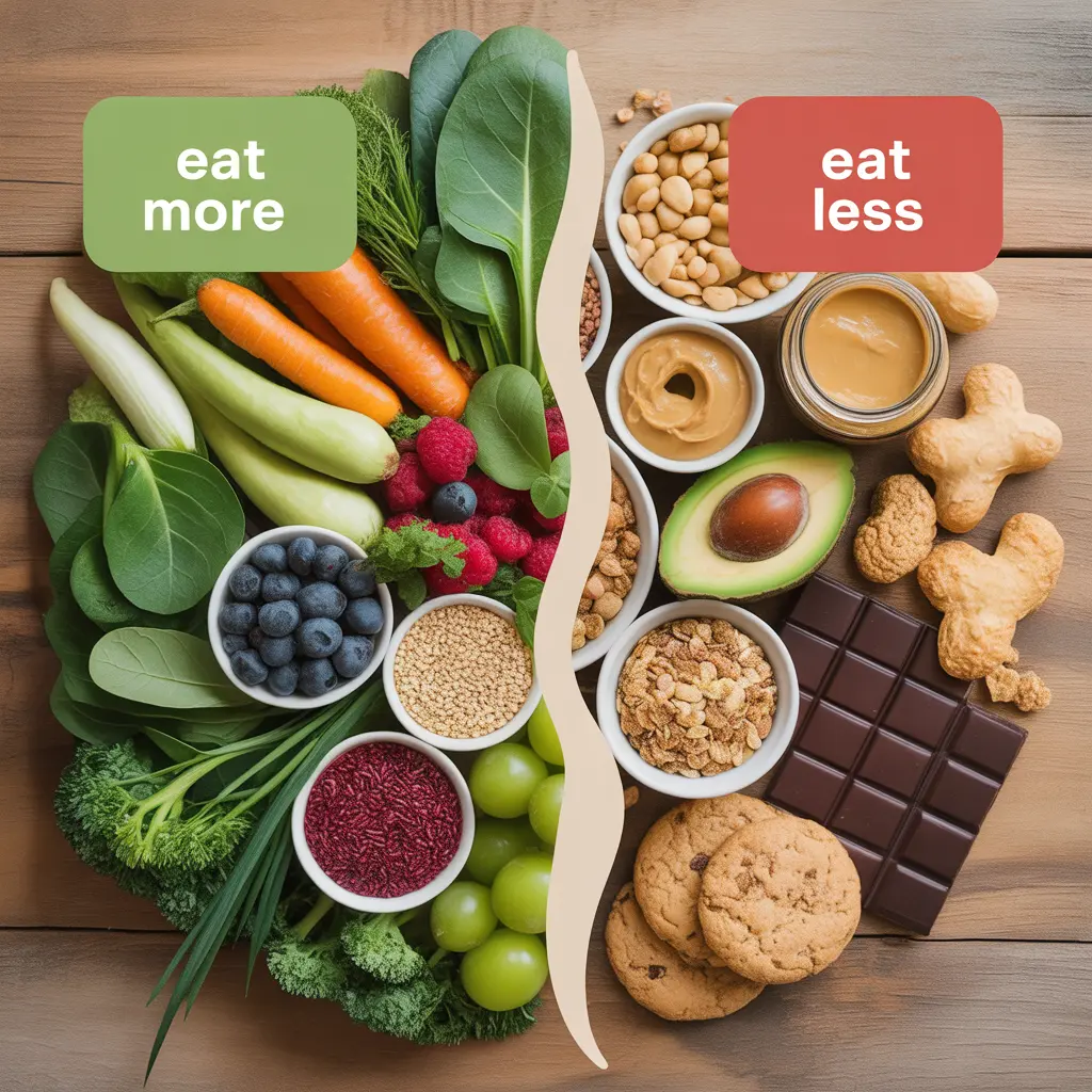 Split flat lay comparing foods to eat more of including vegetables, berries, lentils, and quinoa on the left versus foods to eat less of including nuts, peanut butter, avocado, and granola on the right for vegan weight loss.