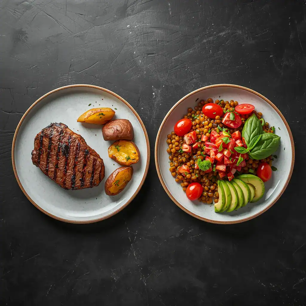 what-to-expect-when-going-vegan-first-month-vegan-vs-omnivore-plate what to expect when going vegan first month - colorful vegan bowl next
to omnivore plate showing the diet transition