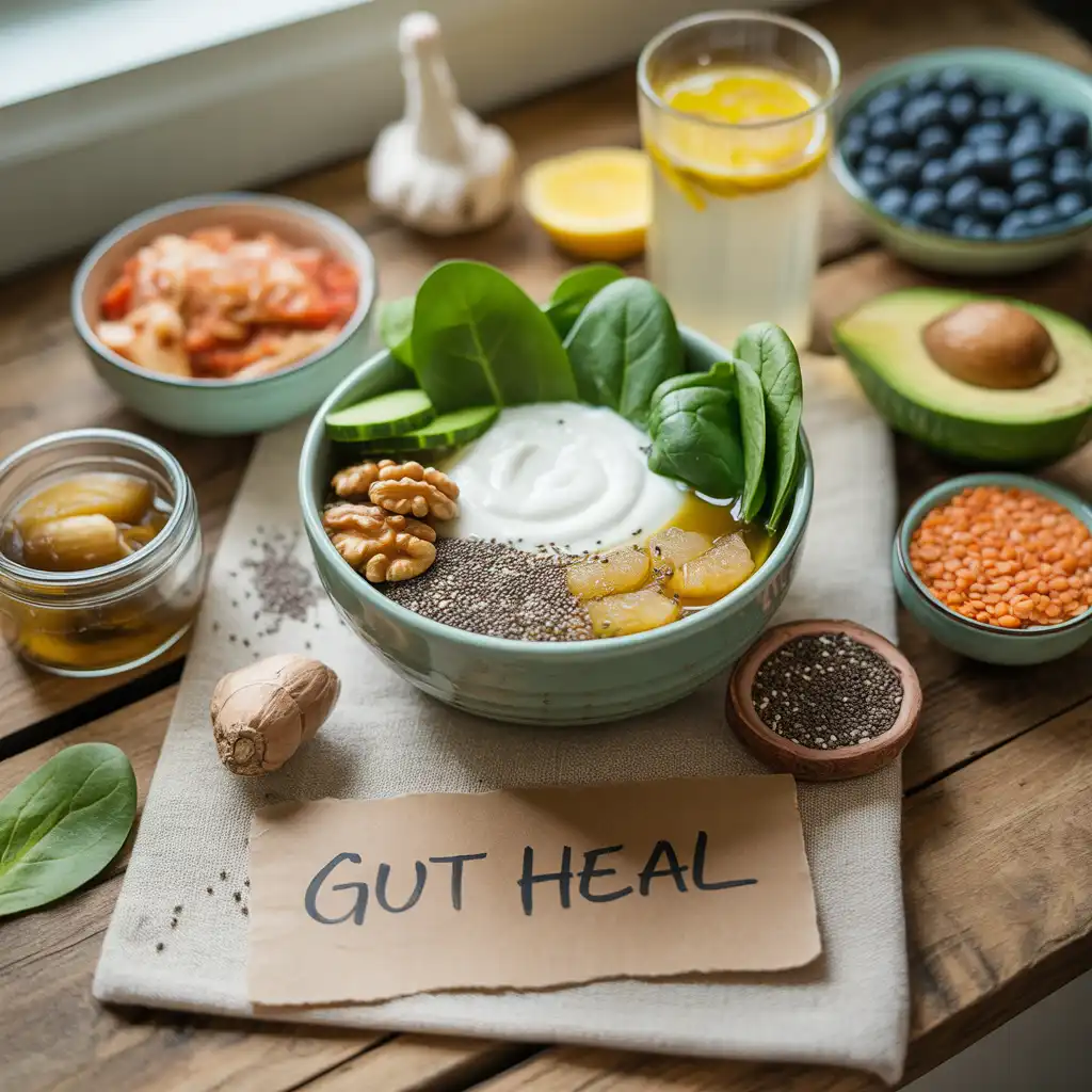 "Natural healing flat lay on rustic wood with sage green bowl of coconut yogurt, sauerkraut, spinach, cucumber, ginger, chia seeds, walnuts, avocado, mushroom broth, kimchi, garlic, lemon turmeric water, blueberries, lentils, and medium Gut Heal label representing vegan foods to heal your gut naturally."