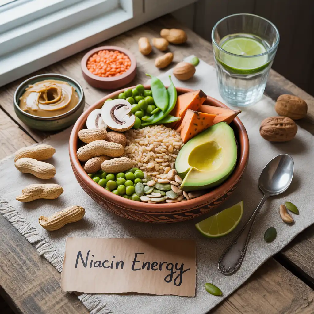 "Natural energizing flat lay on rustic wood with terracotta bowl of peanuts, sunflower seeds, brown rice, mushrooms, avocado, green peas, sweet potato, pumpkin seeds, peanut butter, lentils, almonds, lime water, walnuts, and medium Niacin Energy label representing vegan niacin foods for energy and DNA repair."