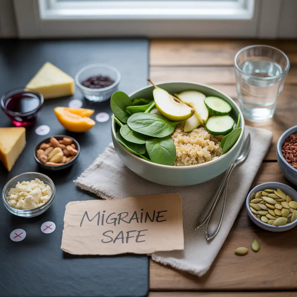 "Natural migraine-aware flat lay with split composition on dark slate side showing trigger foods with red X marks and warm wood side showing safe green bowl of spinach, quinoa, cucumber, pear, ginger, pumpkin seeds, water, and medium Migraine Safe label representing vegan migraine triggers to avoid and what to eat."