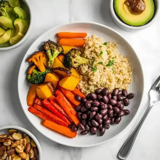 Vegan healthy food — colourful plant-based meal selection