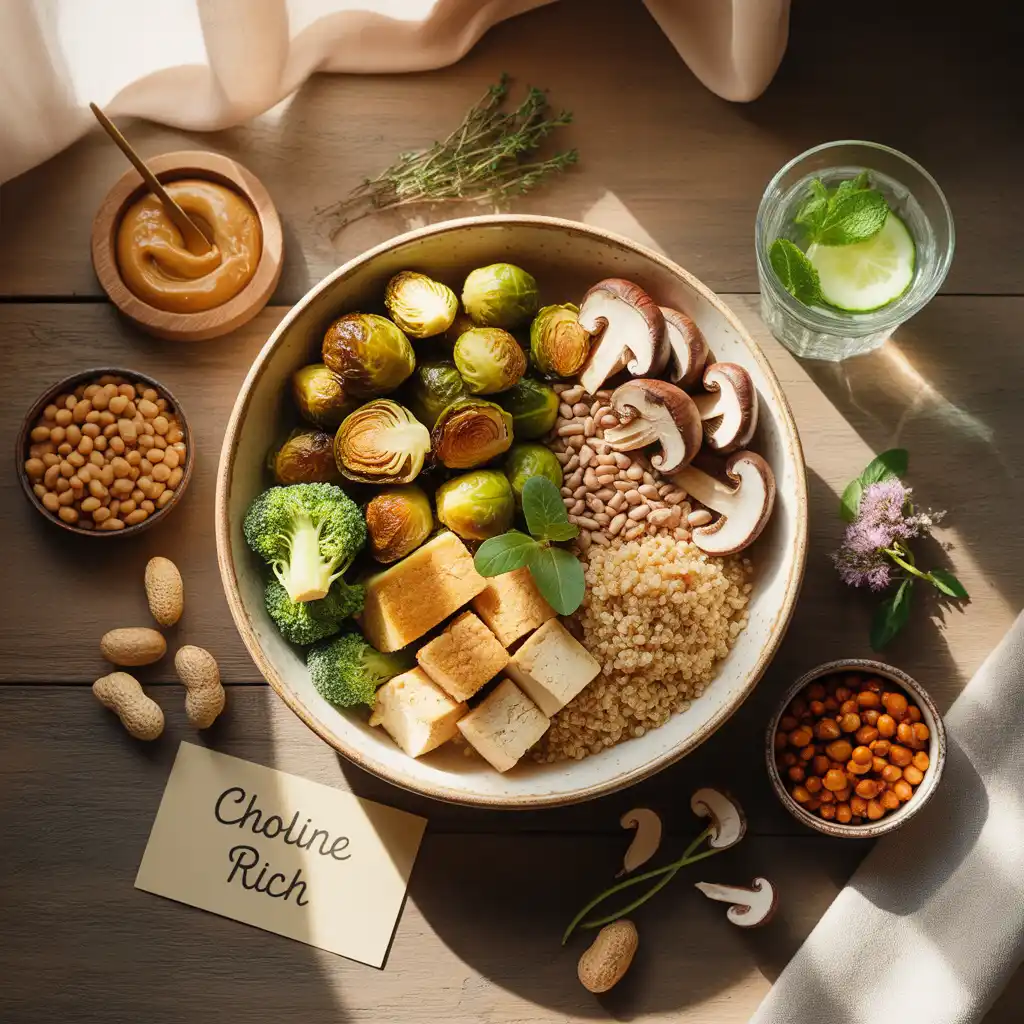 delicious-vegan-choline-foods-brussels-tofu-quinoa-guide-featured "Stunning mouthwatering flat lay with creamy beige bowl of roasted Brussels sprouts, seared tofu cubes, quinoa, broccoli, peanuts, sunflower seeds, shiitake mushrooms, peanut butter, roasted soybeans, almonds, chickpeas, and Choline Rich label representing vegan choline foods.