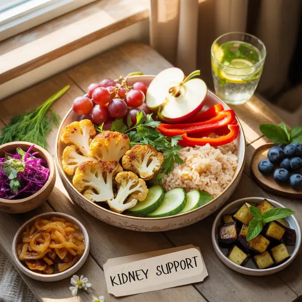 "Stunning delicious flat lay with creamy white bowl of roasted cauliflower, red bell pepper, cucumber, white rice, red grapes, cinnamon apple, cabbage slaw, caramelized turnips, sparkling lemon water, blueberries, roasted eggplant, and Kidney Friendly label representing delicious vegan diet for kidney disease."