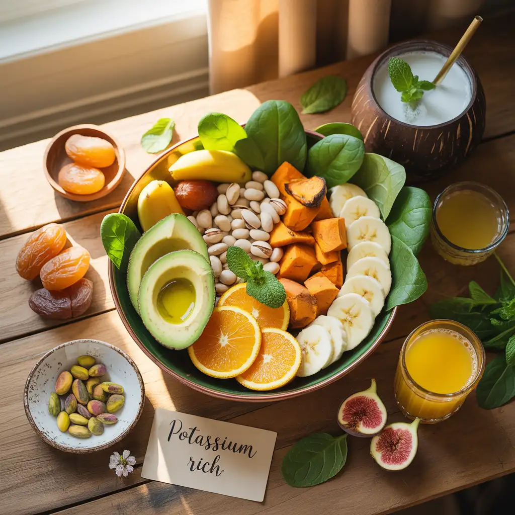 delicious-vegan-potassium-foods-avocado-banana-sweet-potato-guide-featured "Stunning mouthwatering flat lay with deep green bowl of avocado slices, orange segments, banana slices, roasted sweet potato, spinach, white beans, pistachios, coconut water, apricots, dates, orange juice, fresh figs, and Potassium Rich label representing delicious vegan potassium foods."