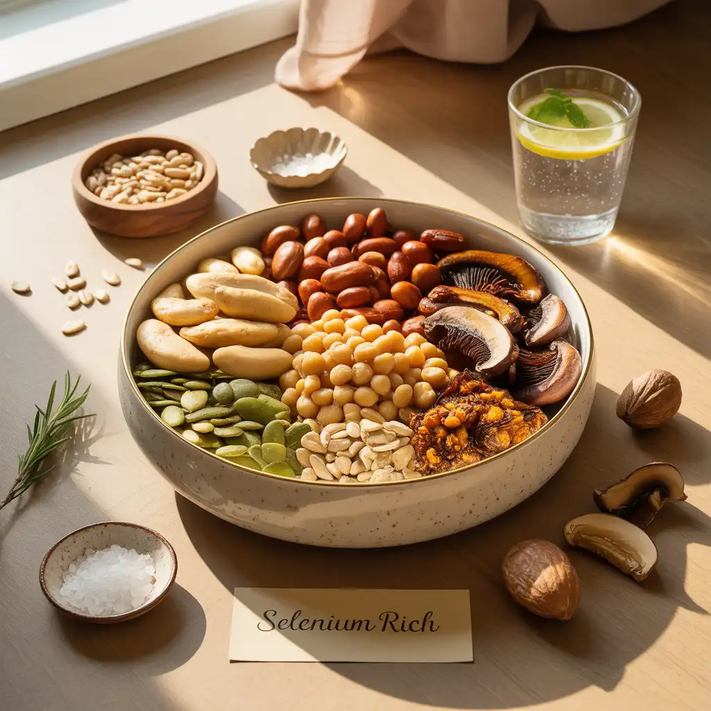 delicious-vegan-selenium-foods-brazil-nuts-mushrooms-guide-featured "Stunning mouthwatering flat lay with creamy white bowl of golden roasted Brazil nuts, toasted sunflower seeds, roasted chickpeas, caramelized cremini mushrooms, pumpkin seeds, walnuts, sea salt, lemon water, and Selenium Rich label representing delicious vegan selenium foods."