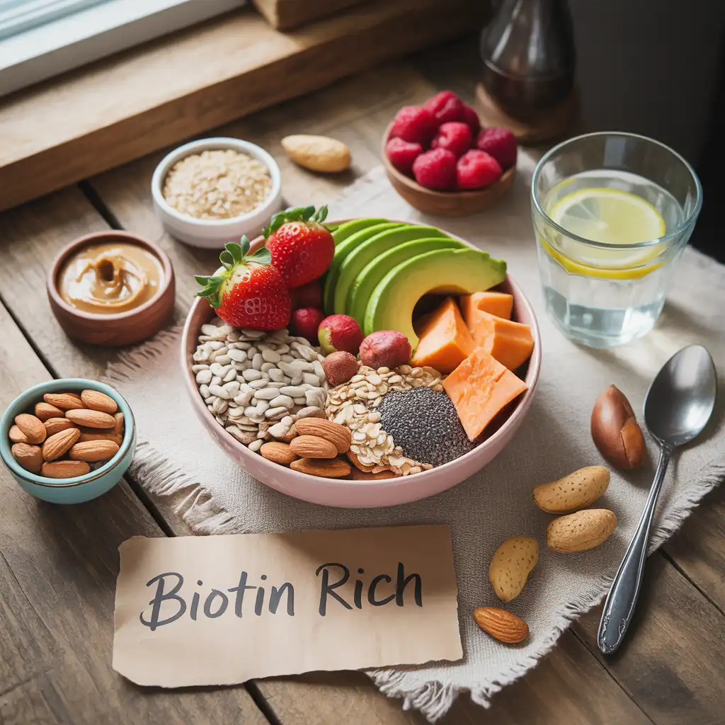 "Natural beauty flat lay on rustic wood with soft pink bowl of almonds, sunflower seeds, walnuts, strawberries, avocado, sweet potato, oats, chia seeds, peanut butter, quinoa, raspberries, lemon water, Brazil nuts, and medium Biotin Rich label representing vegan biotin foods for hair and nails."
