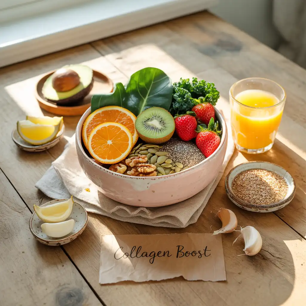 "Natural radiant flat lay on warm wood with blush pink bowl of oranges, kiwi, strawberries, kale, walnuts, pumpkin seeds, chia seeds, avocado, garlic, orange juice, Brazil nuts, flaxseeds, and handwritten Collagen Boost label representing vegan collagen foods.
