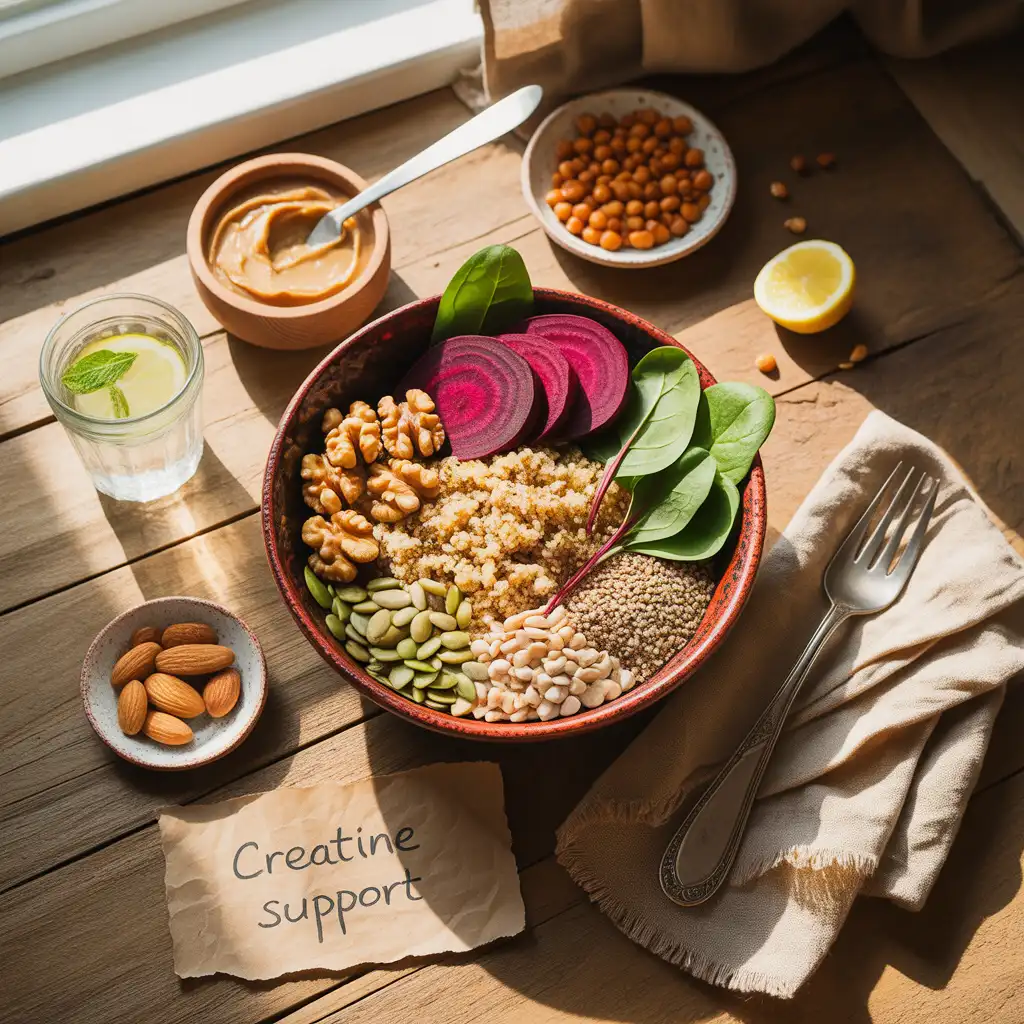 "Natural energizing flat lay on rustic wood with deep red bowl of quinoa, walnuts, pumpkin seeds, sunflower seeds, beetroot, spinach, hemp hearts, peanut butter, roasted chickpeas, almonds, lentils, and handwritten Creatine Support label representing vegan creatine foods."