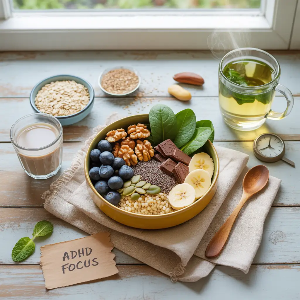 vegan-diet-for-adhd-brain-focus-foods-guide-featured "Energizing flat lay on light wood with mustard yellow bowl of blueberries, walnuts, pumpkin seeds, quinoa, banana, dark chocolate, spinach, chia seeds, oats, plant milk, flaxseeds, Brazil nuts, green tea, and handwritten ADHD Focus label representing vegan diet for ADHD."