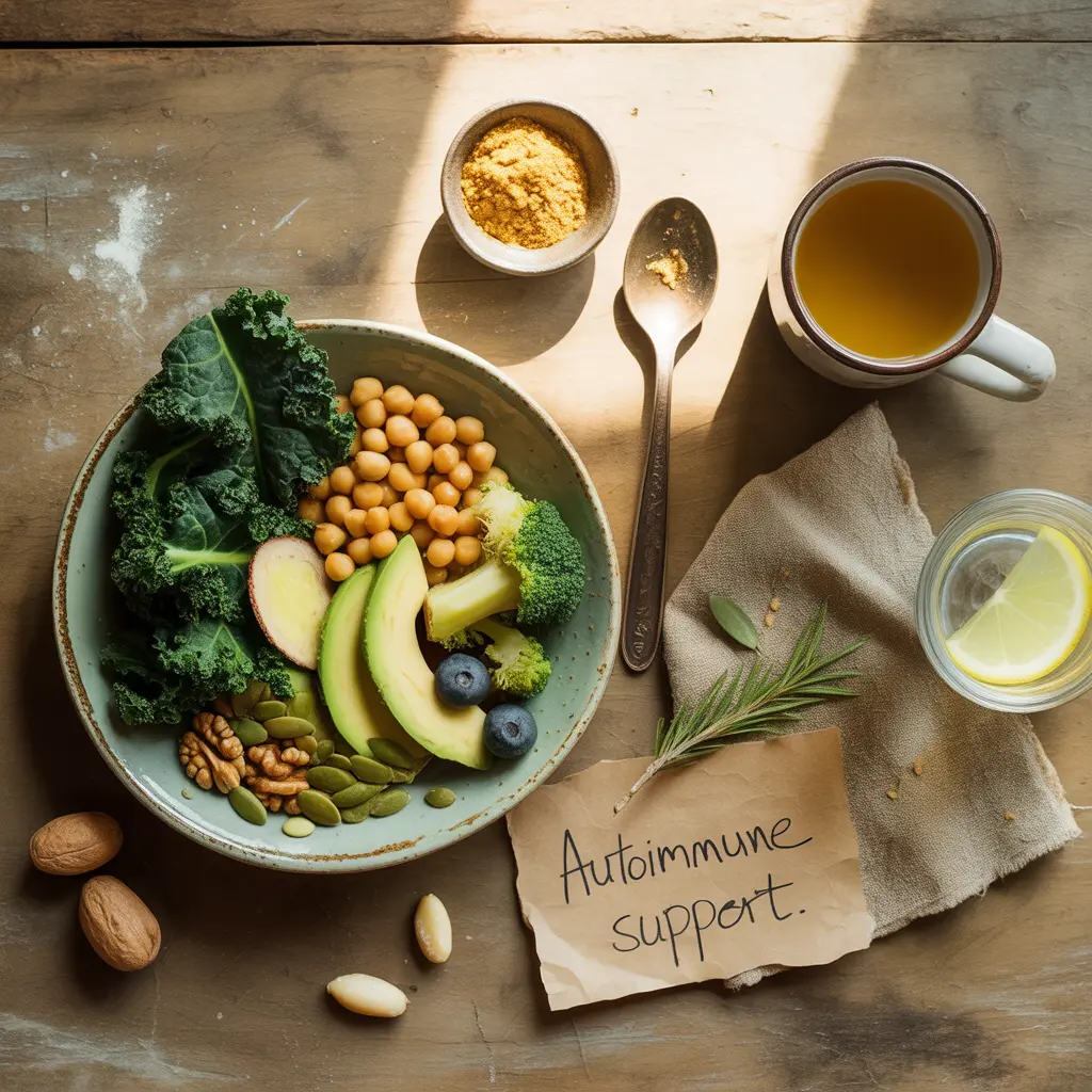 vegan-diet-for-autoimmune-disease-immune-regulation-guide-featured "Natural rustic flat lay on aged wooden table with sage green bowl of kale, turmeric chickpeas, broccoli, avocado, ginger, walnuts, pumpkin seeds, blueberries, turmeric with pepper, ginger tea, lemon water, Brazil nuts, and handwritten Autoimmune Support label representing vegan diet for autoimmune disease."