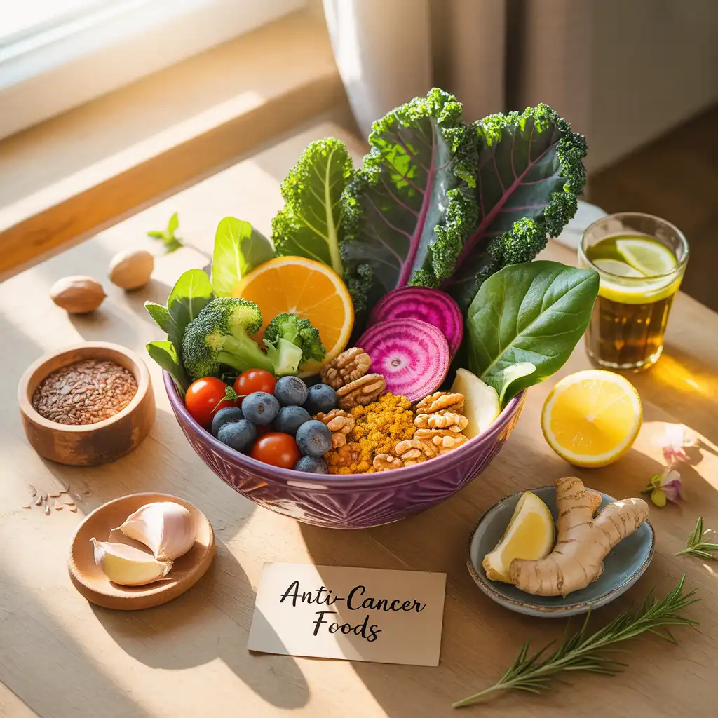 "Stunning vibrant flat lay with deep purple bowl of kale, broccoli, orange segments, blueberries, beets, cherry tomatoes, walnuts, turmeric chickpeas, flaxseed, garlic, green tea, ginger, Brazil nuts, and Anti-Cancer Foods label representing vegan diet for cancer prevention."