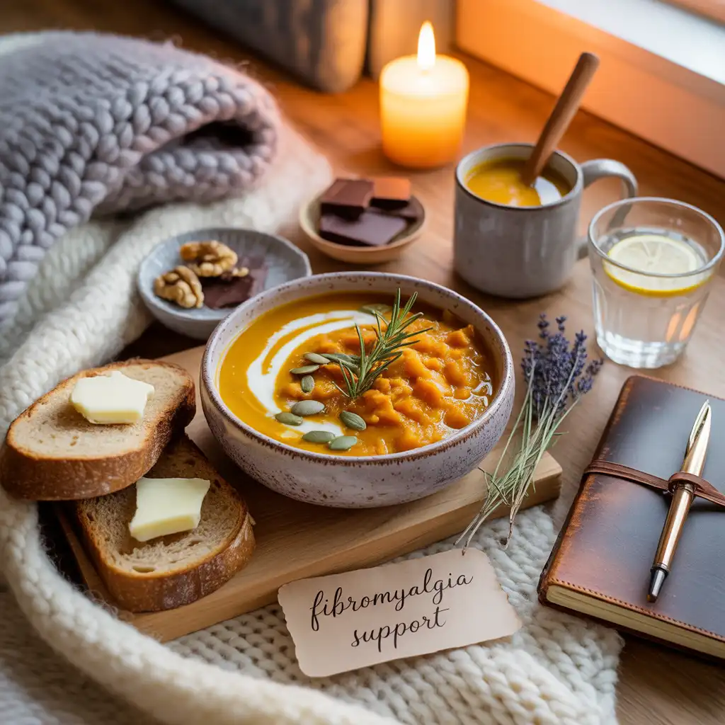 vegan-diet-for-fibromyalgia-chronic-pain-comfort-foods-guide-featured "Warm intimate flat lay on cream wool blanket with lavender-gray bowl of sweet potato ginger soup with coconut cream, pumpkin seeds, toasted sourdough, turmeric latte, dark chocolate, walnuts, lemon water, lavender, journal, and handwritten Fibromyalgia Support label representing vegan diet for fibromyalgia."