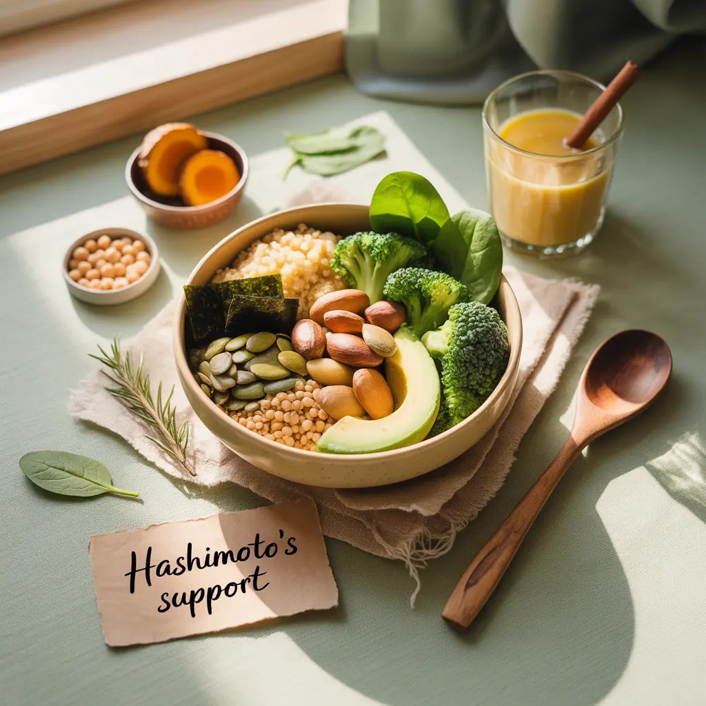 vegan-diet-for-hashimotos-thyroid-foods-guide-featured "Warm flat lay on sage green linen with cream bowl of quinoa, broccoli, pumpkin seeds, nori, avocado, lentils, spinach, Brazil nuts, turmeric, golden milk, and handwritten Hashimoto's Support label representing vegan diet for Hashimoto's."
