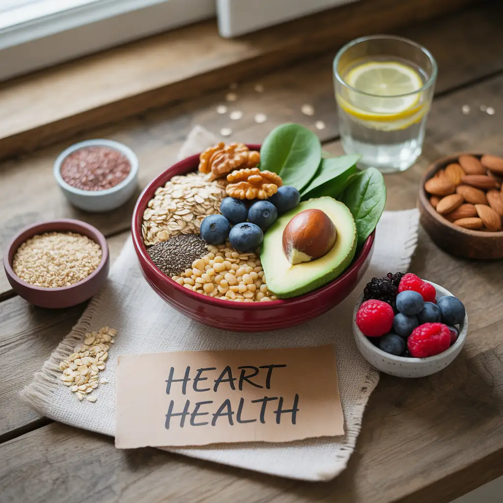 "Natural heart-healthy flat lay on rustic wood with deep red bowl of oats, walnuts, blueberries, avocado, spinach, lentils, chia seeds, flaxseed, quinoa, lemon water, almonds, mixed berries, and medium Heart Health label representing vegan diet for heart disease."