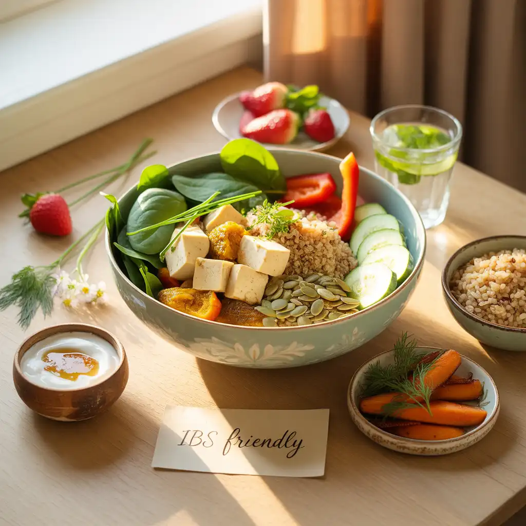 vegan-diet-for-ibs-low-fodmap-foods-guide-featured "Stunning soothing flat lay with pale green bowl of sautรฉed tofu, quinoa, spinach, cucumber, bell pepper, pumpkin seeds, coconut yogurt, roasted carrots, cucumber mint water, strawberries, brown rice, and IBS Friendly label representing vegan diet for IBS."