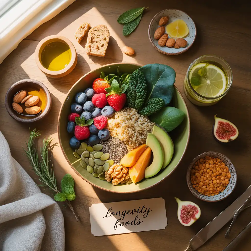 "Stunning timeless flat lay with olive green bowl of mixed berries, kale, quinoa, walnuts, avocado, pumpkin seeds, sweet potato, chia seeds, olive oil with bread, turmeric, ginger, green tea, almonds, lentils, figs, and Longevity Foods label representing vegan diet for longevity."