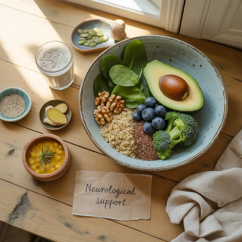 vegan-diet-for-multiple-sclerosis-neurological-guide-featured "Natural healing flat lay on warm wood with blue-gray bowl of quinoa, broccoli, avocado, walnuts, spinach, blueberries, flaxseeds, turmeric lentil soup, ginger, garlic, plant milk, pumpkin seeds, chia seeds, and handwritten Neurological Support label representing vegan diet for multiple sclerosis."