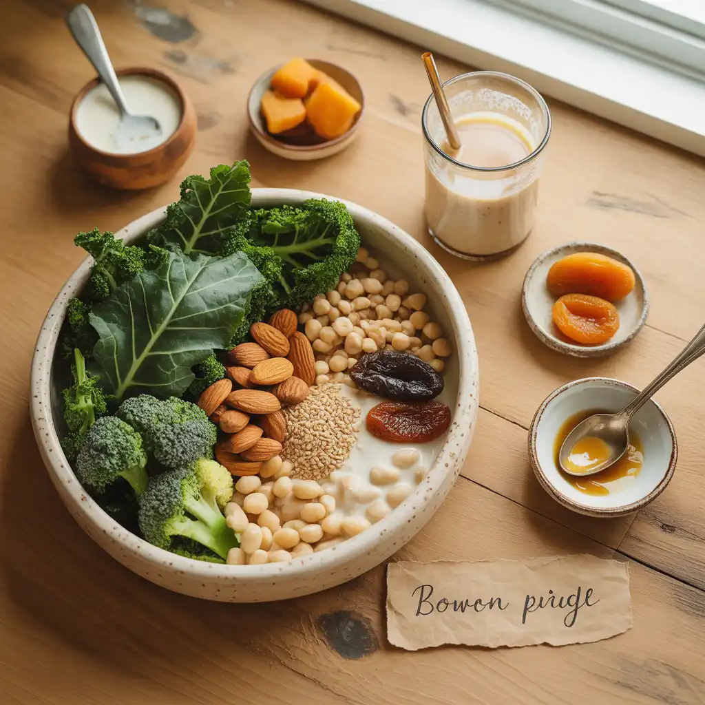"Natural bone-strengthening flat lay on warm wood with ivory bowl of kale, broccoli, almonds, chickpeas, dried figs, white beans, sesame seeds, coconut yogurt, butternut squash, plant milk, apricots, tahini, and handwritten Bone Density label representing vegan diet for osteoporosis."