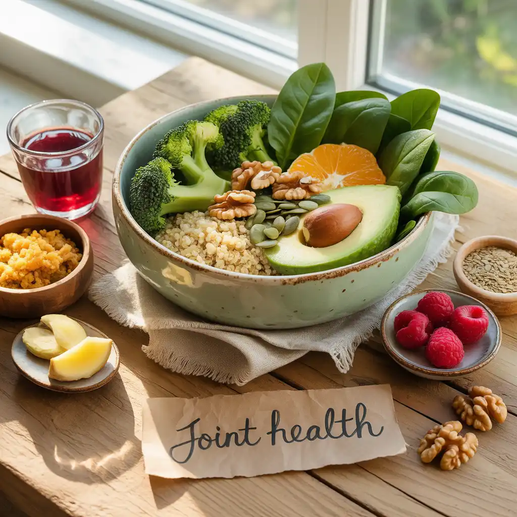 "Natural healing flat lay on warm wood with sage green bowl of quinoa, broccoli, avocado, walnuts, spinach, orange segments, pumpkin seeds, turmeric rice, ginger, garlic, cherry juice, raspberries, flaxseeds, and handwritten Joint Health label representing vegan diet for rheumatoid arthritis."
