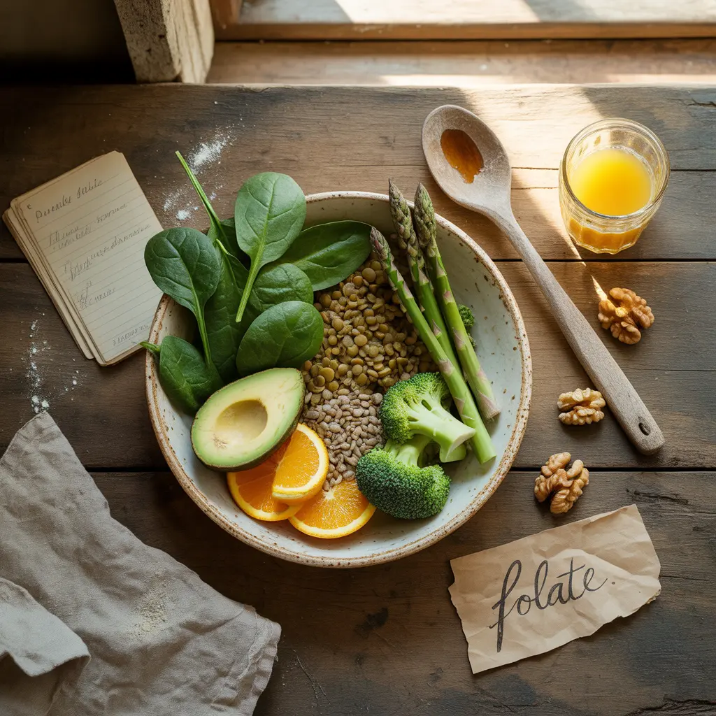 vegan-folate-foods-rustic-natural-guide-featured "Natural rustic flat lay on aged wooden table with cream bowl of spinach, lentils, asparagus, avocado, broccoli, sunflower seeds, orange slices, walnuts, orange juice, handwritten Folate label, and vintage kitchen items representing vegan folate foods."