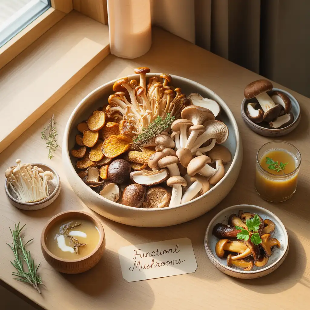 "Stunning soothing flat lay with creamy beige bowl of golden seared lion's mane, shiitake, oyster mushrooms, mushroom soup, crispy enoki, warm mushroom broth, porcini, sautéed maitake, and Functional Mushrooms label representing vegan functional mushrooms guide."